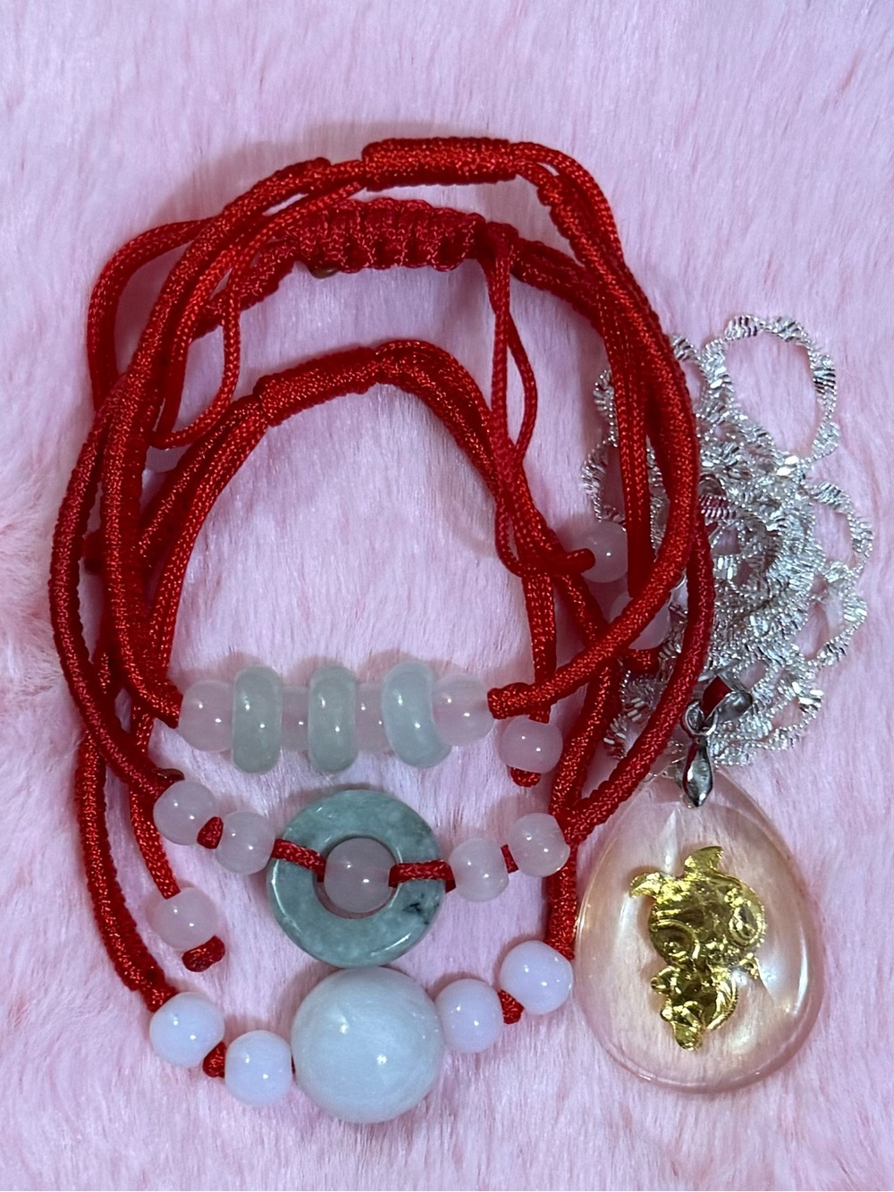 Genuine 24K Gold Foil Rabbit Pendant Necklace,Red String Jade Bracelet Bundle
